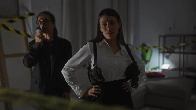 Two women agents investigate indoors, one using a walkie-talkie, with caution tape and dark atmosphere.
