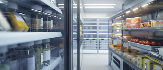 A commercial refrigerator with neatly arranged shelves displaying a variety of packaged food items and beverages, highlighting an organized and enticing retail presentation.