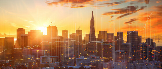A stunning city skyline at sunrise, with a digital overlay of financial graphs reflecting economic growth trends merging with the urban environment.
