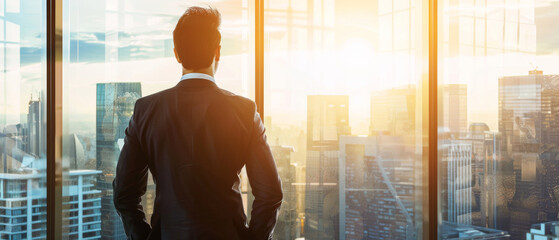 A businessman stands in front of expansive windows overlooking a bustling cityscape at sunset, exuding ambition and vision.