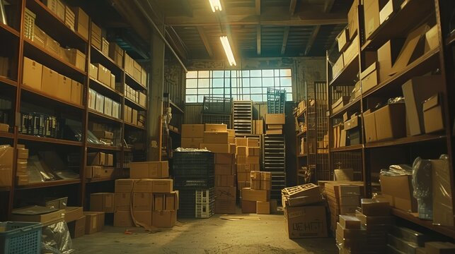 Vast Industrial Warehouse Packed with High Shelving and Crowded Cardboard Boxes