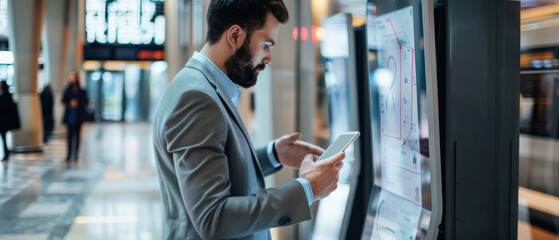 A well-dressed man in a suit intently looks at his tablet while standing in a modern and spacious train station.