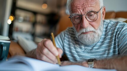 An elderly man with a white beard and glasses is deeply focused on writing in a notebook, suggesting thoughtfulness and dedication to his task in a cozy indoor setting.