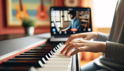 Obraz premium Young Aspiring Pianist Engages in an Online Music Lesson
