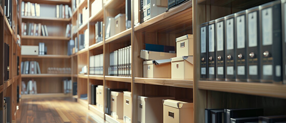 Shelves packed with books and documents, creating a sense of an organized, well-stocked library or archive.