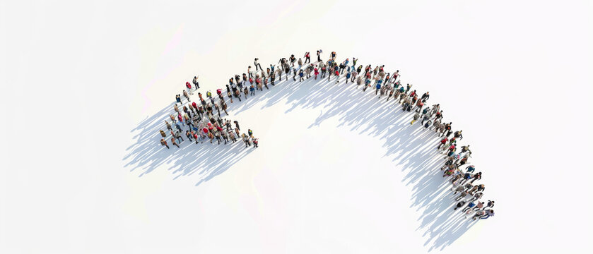 A large crowd of people forms a curved line on a white background, creating a dynamic visual from above.