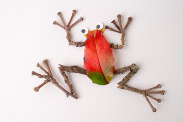 craft frog made from natural materials by hand on white background. Highlights repurposing everyday items into artistic animal representation. Creativity and resourcefulness in action