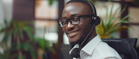 A cheerful customer service representative wears a headset and glasses, offering a friendly smile in a bright, plant-filled office environment.