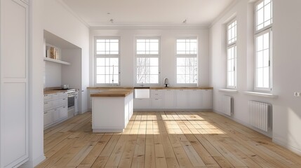 This image highlights an airy white kitchen featuring a central island and plenty of sunlight pouring in through large windows, presenting a clean and fresh space with a contemporary aesthetic.