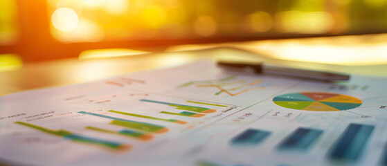 Colorful charts and graphs under warm sunlight on a desk, representing financial analysis or data presentation.