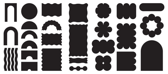 Abstract geometric shapes and icons. Brutal modern contemporary figure arch cloud vawe star oval spiral flower circle and other primitive elements. Swiss design aesthetic. Bauhaus memphis design