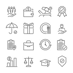 Employee benefit editable stroke outline icons set isolated on white background flat vector illustration