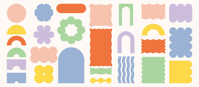 Abstract geometric shapes and icons. Brutal modern contemporary figure arch cloud vawe star oval spiral flower circle and other primitive elements. Swiss design aesthetic. colorful