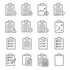 Clipboard, checklist, report, survey or agreement editable stroke outline icons set isolated on white background