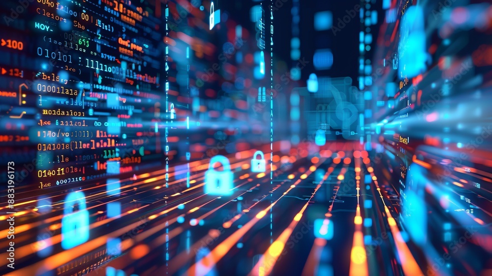 Wall mural image showcasing digital locks amidst streams of code in a virtual environment, representing cyberse