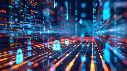 Image showcasing digital locks amidst streams of code in a virtual environment, representing cybersecurity, data protection, and encrypted technology interfaces.