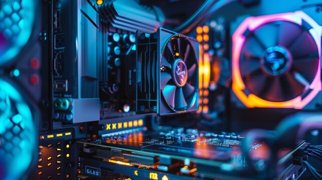 A high-resolution image capturing a modern PC's internal structure, focusing on cooling fans, circuits, and overall hardware designed for optimal performance.