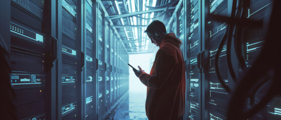 A tech professional works in a modern server room, analyzing data on a tablet surrounded by glowing blue server racks.