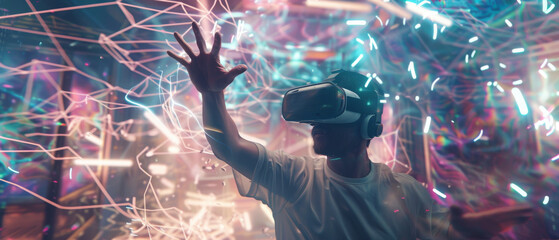 A person wearing a VR headset is interacting with a vibrant, neon-infused virtual environment, with dynamic light trails surrounding them.