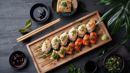 A modern fusion dim sum platter with innovative flavor combinations.