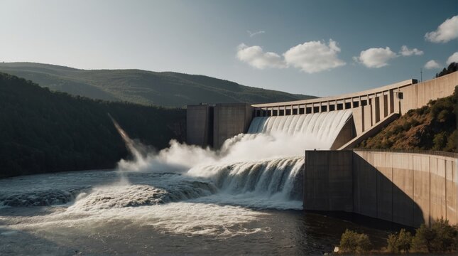 Powerful Dam with Hydro Turbines and Reservoir