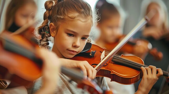 This image shows a young girl focusing intently as she learns to play the violin in a music class. Other children in the background are also participating, holding string instruments.