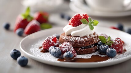 A chocolate lava cake served with fresh berries, whipped cream, and sea salt.