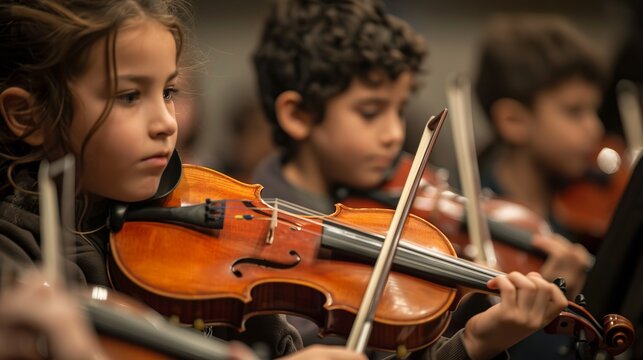 This image features a group of children playing violins together in a music class setting. The young musicians are concentrating on their performance, fostering a sense of teamwork.