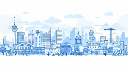 Obraz premium An intricate urban skyline illustration highlighting modern architecture and bustling public spaces, featuring a combination of buildings, landmarks, and human activities in a city setting.