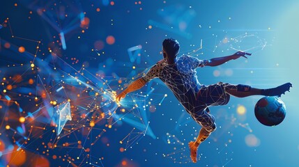A dynamic illustration of a soccer player in action, integrated with abstract digital elements and particle effects, representing the fusion of sports and technology in a vibrant composition.