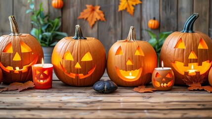 Fototapeta premium Festive display of carved Halloween pumpkins with candles and autumn leaves on a wooden surface against a rustic background.