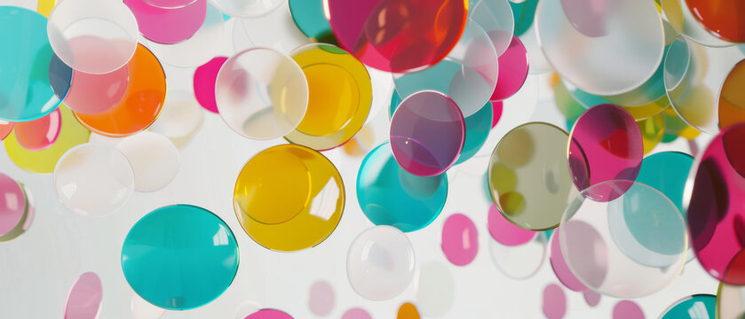 An array of colorful translucent discs float in mid-air, creating a vibrant and playful composition.