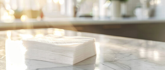 In a bright, modern kitchen, a stack of white napkins sits neatly on a marble countertop, bathed in soft sunlight.