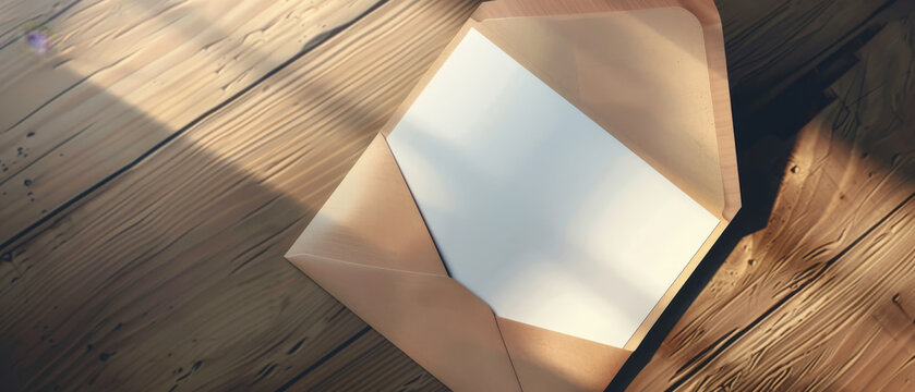 An open brown envelope lies on a wooden table, with sunlight streaming in, ready to reveal its hidden message.