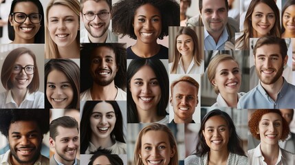 A collage of happy individuals from different backgrounds smiling and posing, arranged in a structured grid pattern, showcasing diversity and positive emotions.