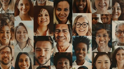 An artistic collage featuring many diverse and happy faces arranged in a square grid, capturing various smiles and expressions representing joy and multiculturalism.