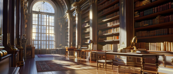 A grand, sunlit library with towering bookshelves, antique furniture, and a peaceful atmosphere perfect for reading and study.