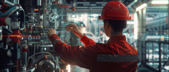 A technician in a hard hat operates advanced machinery in a high-tech industrial facility, signifying progress and innovation in modern manufacturing.