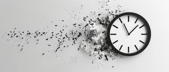A striking image of a black clock shattering outward, illustrating the volatility and rapid passage of time.