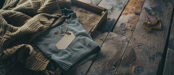 A neatly folded sweater with a blank tag and twine, laying on a rustic wooden table, evokes a cozy and simple autumn atmosphere.