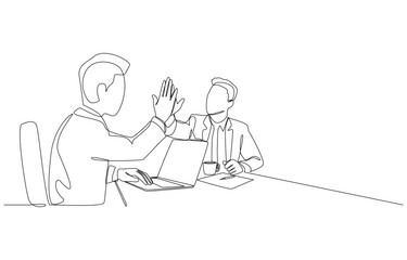 Continuous one line drawing of businessman and colleague giving high five gestures to support business plan, idea support, encouragement in work concept, single line art.