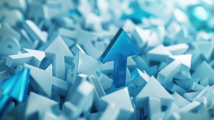 Blue arrow in focus among white arrows, conceptual 3d illustration of a single blue arrow standing out among many white arrows, symbolizing leadership, uniqueness, and direction.