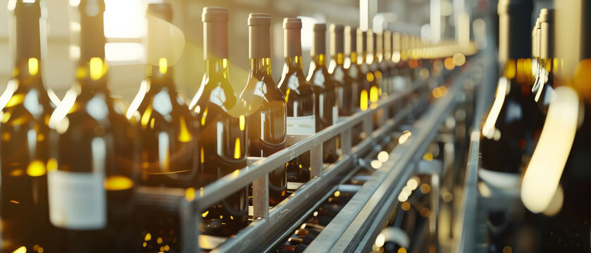 A production line of wine bottles with a golden light reflecting, showcasing industrial efficiency and craftsmanship.