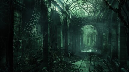 spooky, forgotten walkway with cobweb-covered corners, eerie greenish lighting, and a sense of foreboding.