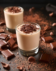 Two glasses filled with creamy chocolate beverage topped with chocolate shavings