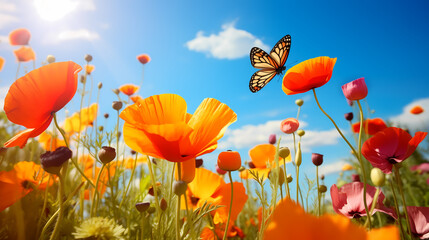 Obraz premium Vibrant Poppy Field with Butterfly and Blue Sky