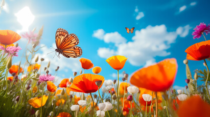 Obraz premium Vibrant Poppy Field with Butterfly and Blue Sky
