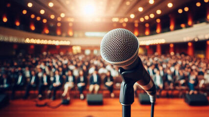 A microphone on a stand, against a blurred background of a hall filled with a waiting audience, suggesting a live performance or speech.
