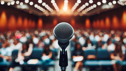 A microphone on a stand, against a blurred background of a hall filled with a waiting audience, suggesting a live performance or speech.