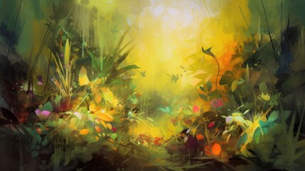 Fototapeta premium Colorful digital painting of a lush rainforest with vibrant flowers and flying birds
